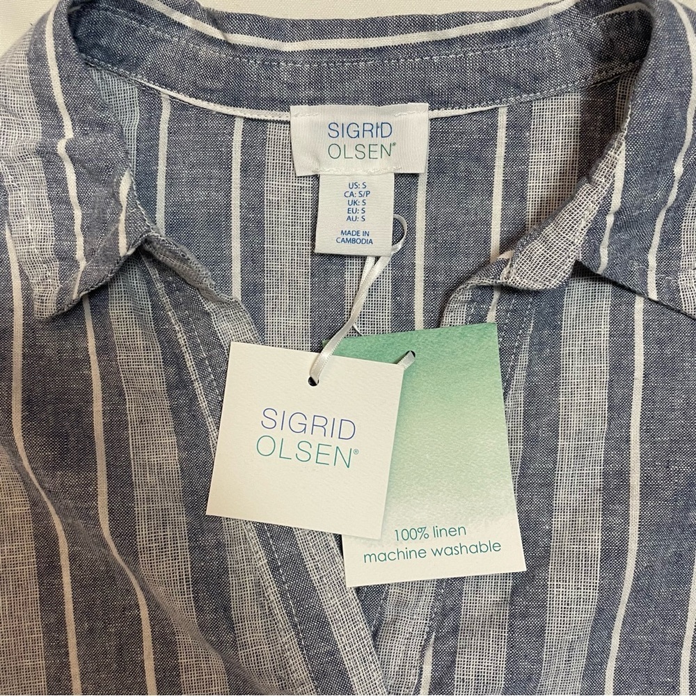 NWT New Sigrid Olsen Striped Linen Blend Blue Shirt Size S - Picture 8 of 9